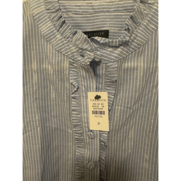 NWT PP Talbots Blue Striped Ruffle-Trim Cotton Metallic Blend Blouse Petite - Picture 2 of 4